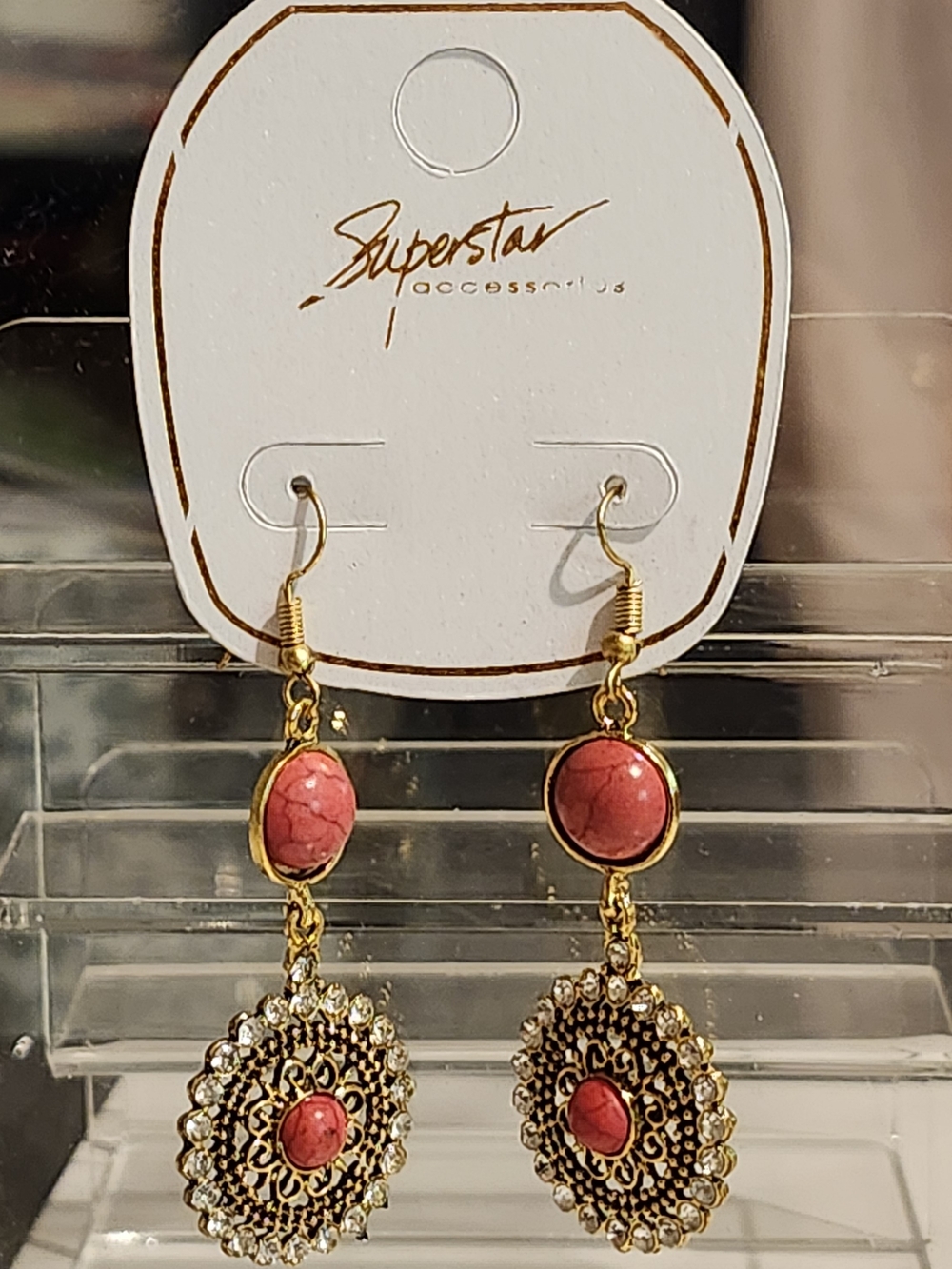Gold-Tone & Pink Dangle Earrings